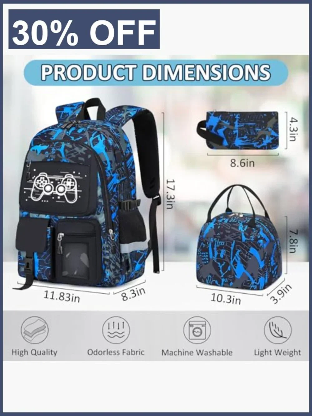 4 Piece Gamer Boys Backpack Set with Lunch Box & Pencil Case Large 18 inch
